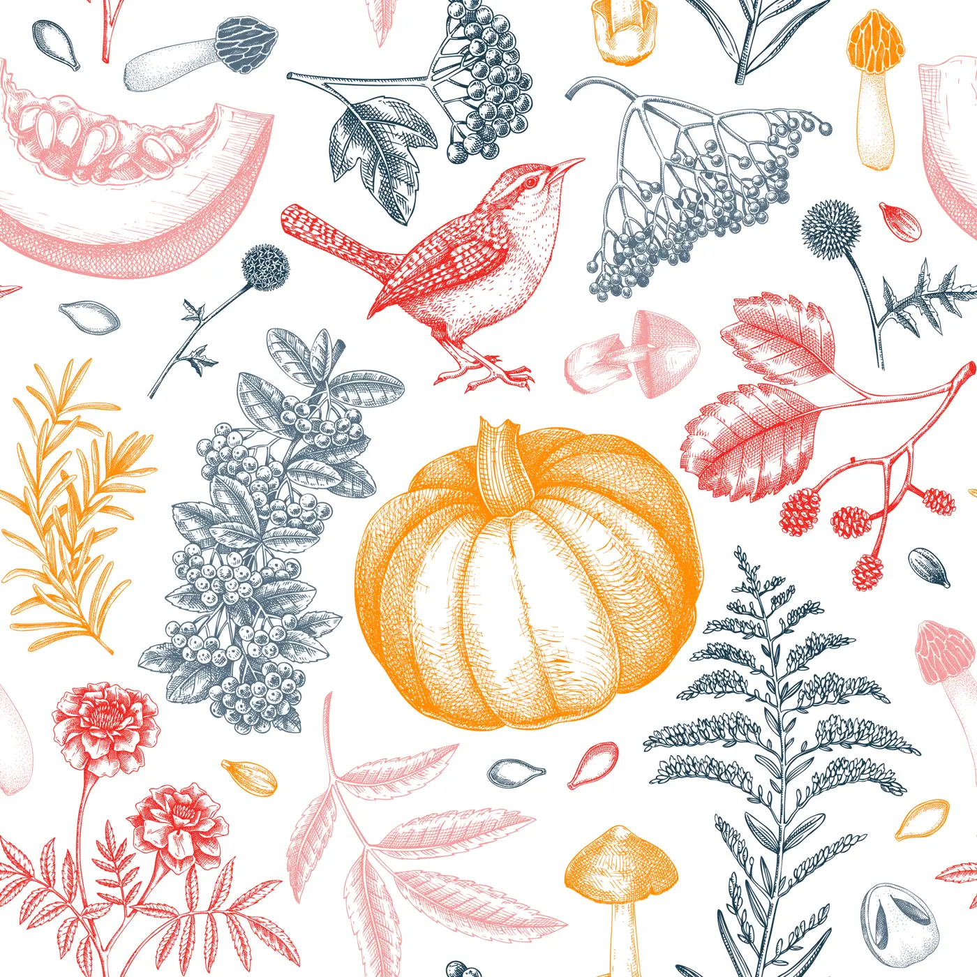 Vintage autumn seamless pattern. Thanksgiving background. Fall leaves, pumpkins, berries, mushrooms sketches. Hand-drawn vector illustration. NOT AI generated Illustration